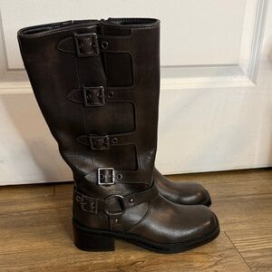 Wild Fable Brown Buckle Knee-High Boots Size 6.5 Moto 2” Heel